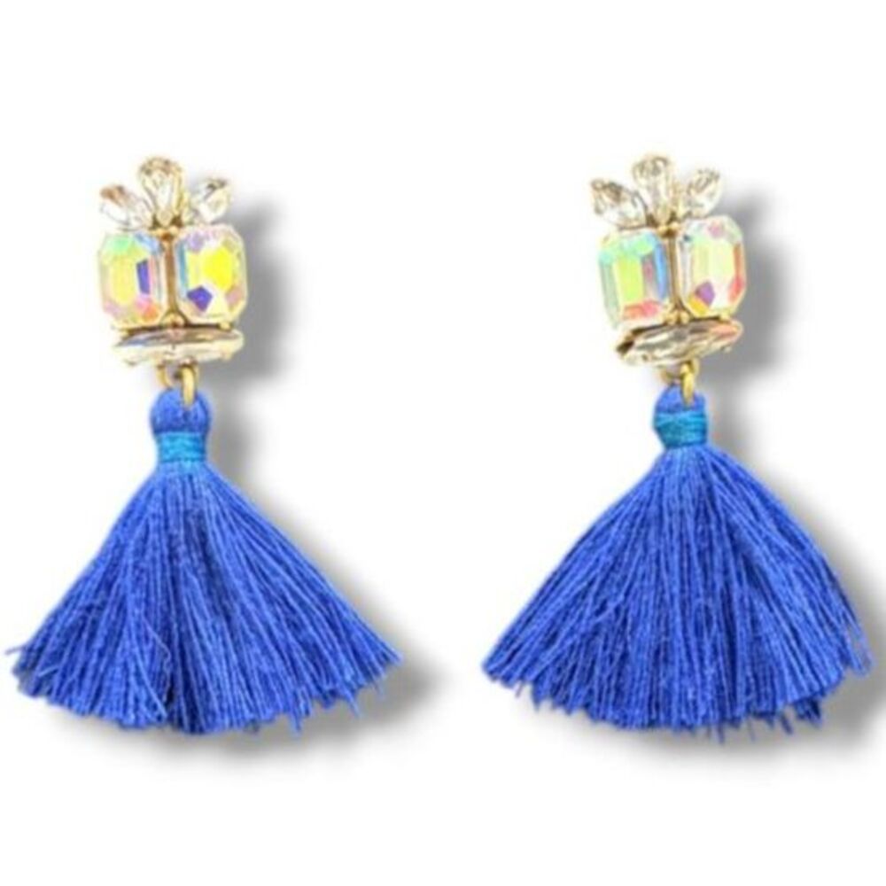 J. Crew Royal Blue Tassel Iridescent Aurora Borealis Crystal Statement Earrings